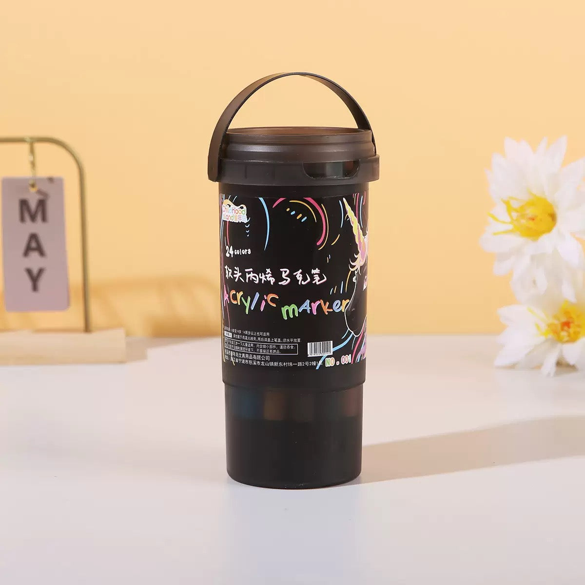 24 colors dual tip acrylic marker set in black bucket with carry handle for kids art and drawing