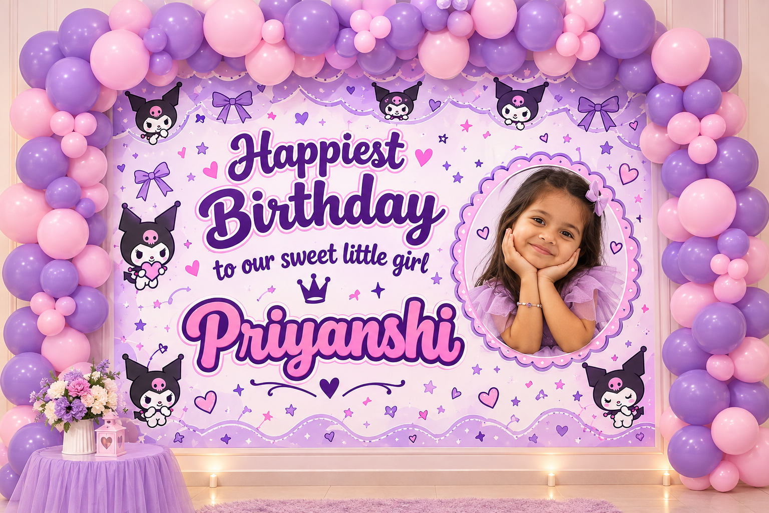 Kuromi Theme Personalized Happy Birthday Flex Banner with Balloons Combo