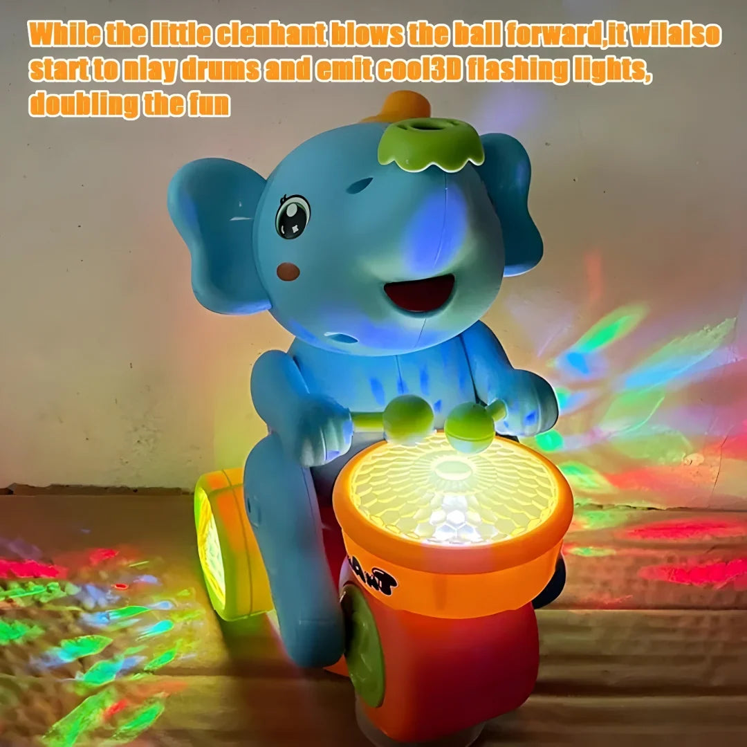 Elephant drum toy with 3D flashing lights and music while playing