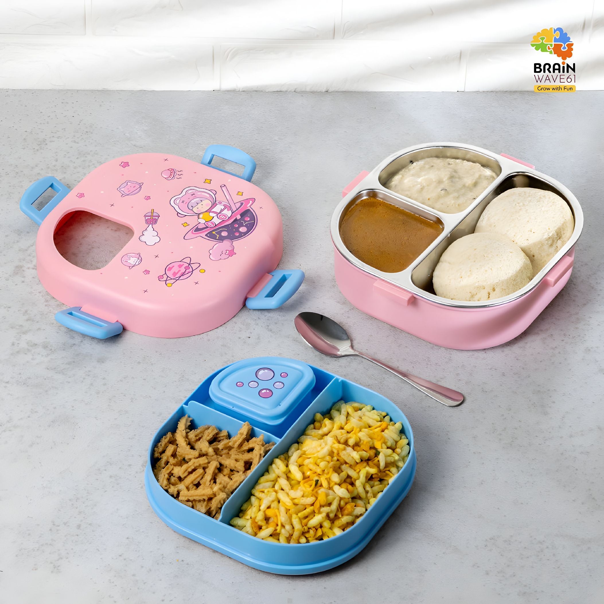 Kids Stainless Steel Lunch Box with Snack Box – Cute Pink School Tiffin Box (3 Compartments)