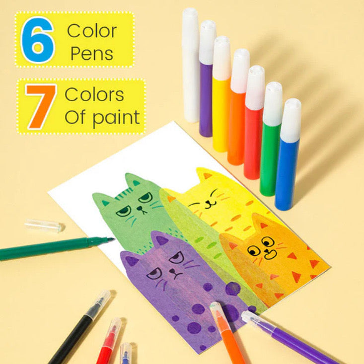 Magic Water Coloring Pen Art Set for Kids – Reusable Painting Cards (6 Pens, 7 Colors)