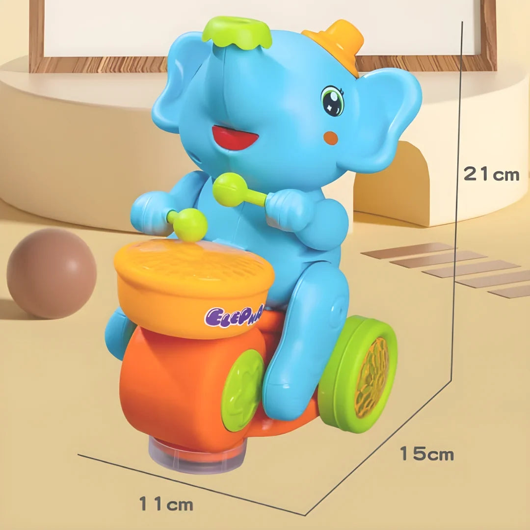 Bump and Go musical elephant drum toy with floating ball - front view with dimensions