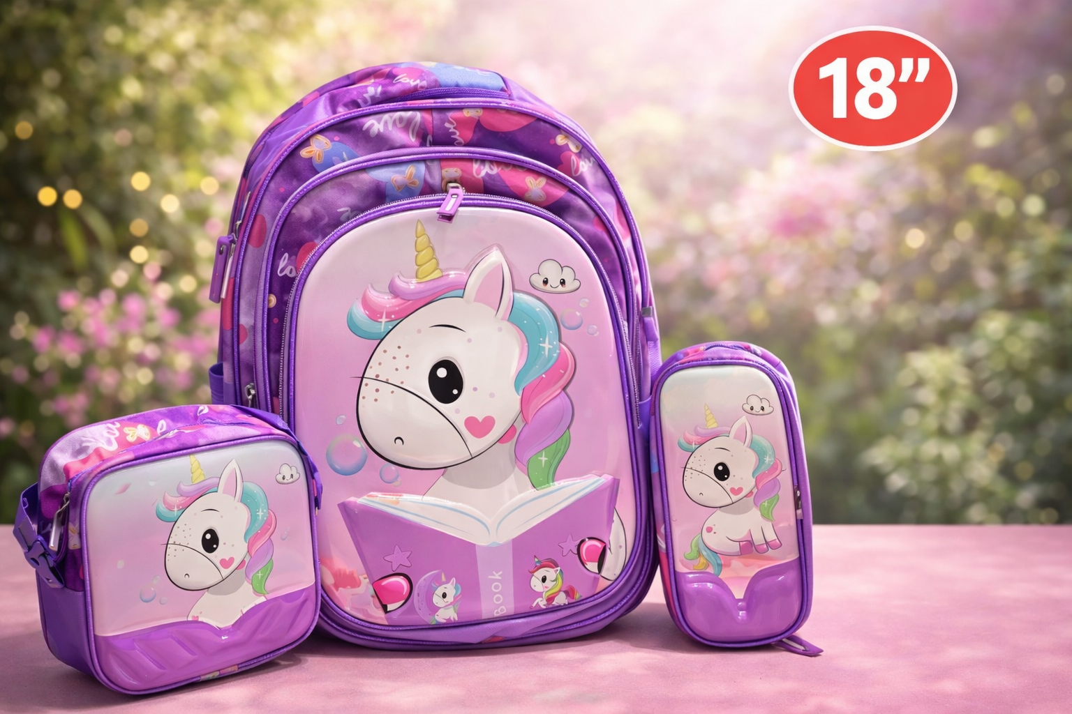 18 Inch Unicorn Kids School Backpack Set – 3 Piece Bag Set (Backpack + Lunch Bag + Pencil Case)
