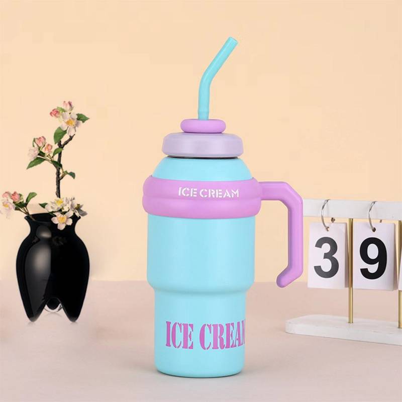 Blue & purple Ice Cream tumbler with straw and handle — insulated stainless steel kids sipper bottle