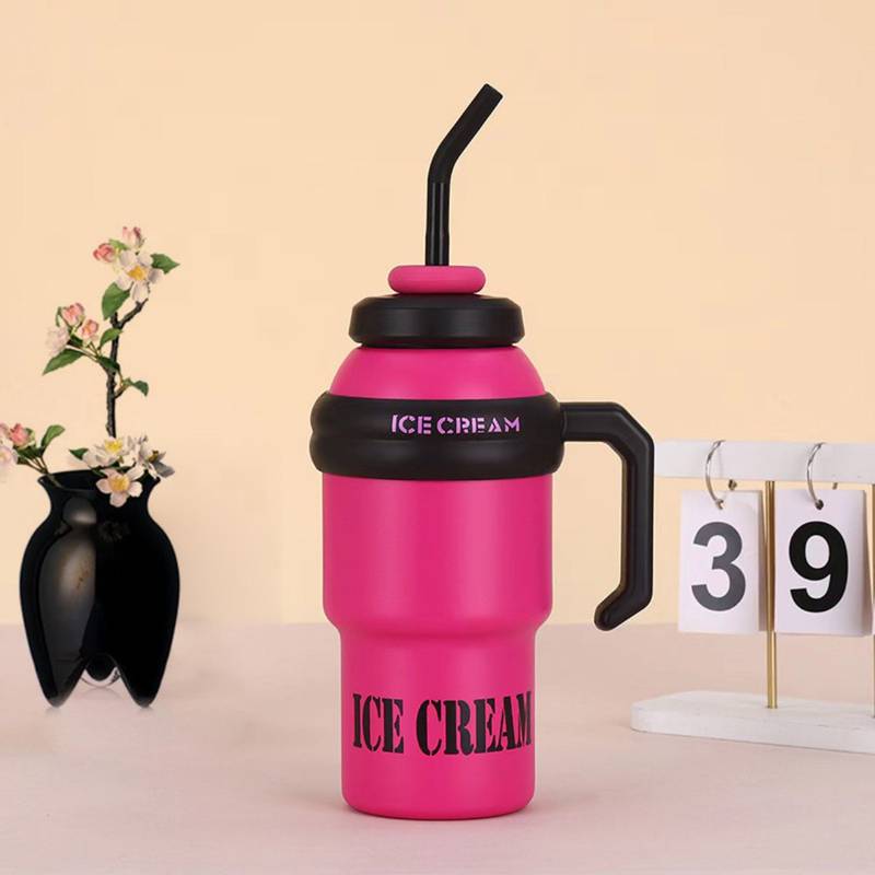 Pink & black Ice Cream tumbler with straw and handle — insulated stainless steel kids sipper bottle
