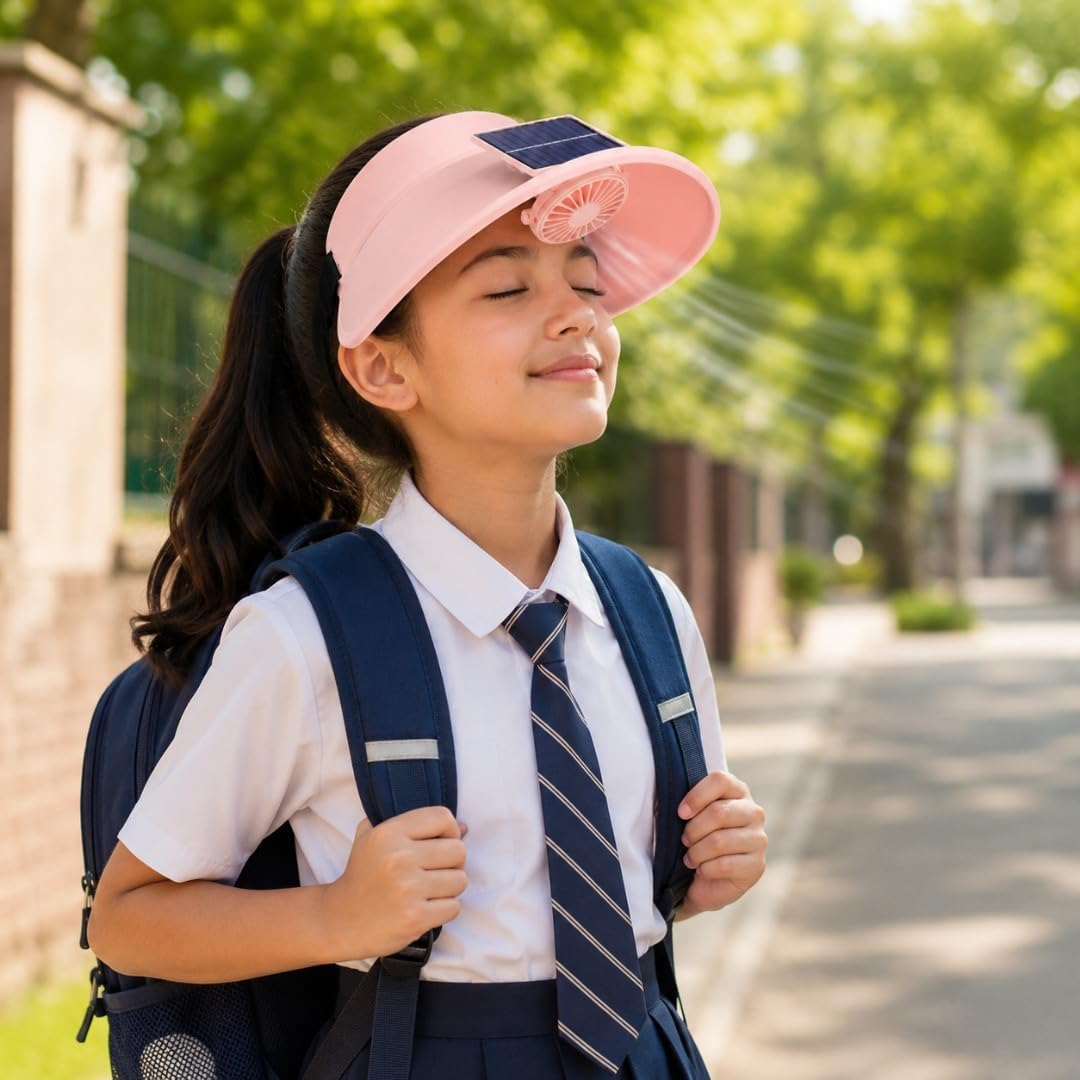 Solar Cooling Sun Visor Hat with built-in fan - front and side view, pink cat design