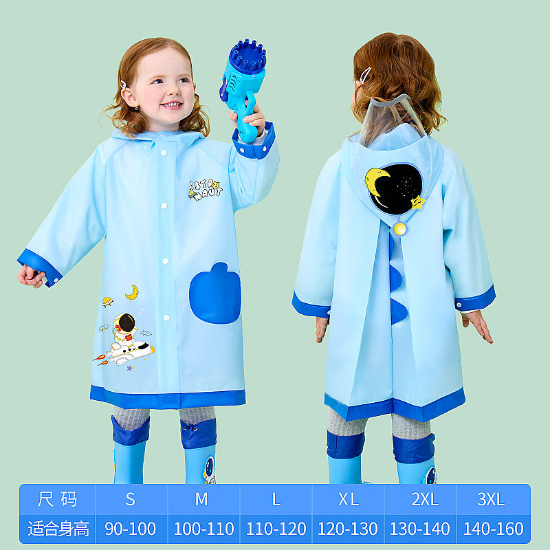 Blue astronaut kids raincoat with space rocket print and snap buttons, front view