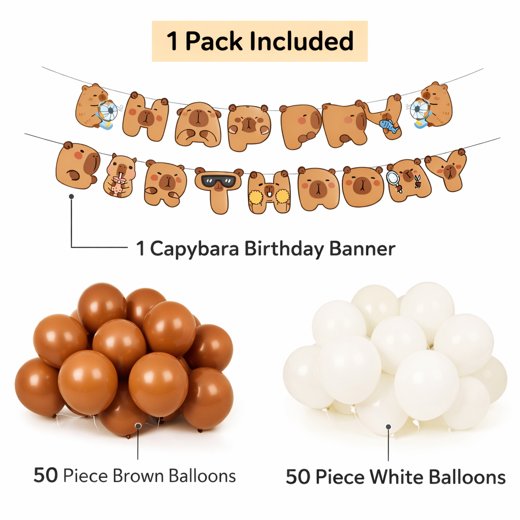 Capybara Happy Birthday Banner with Brown & White Balloons | Cute Kids Birthday Decoration Set (100 Balloons)