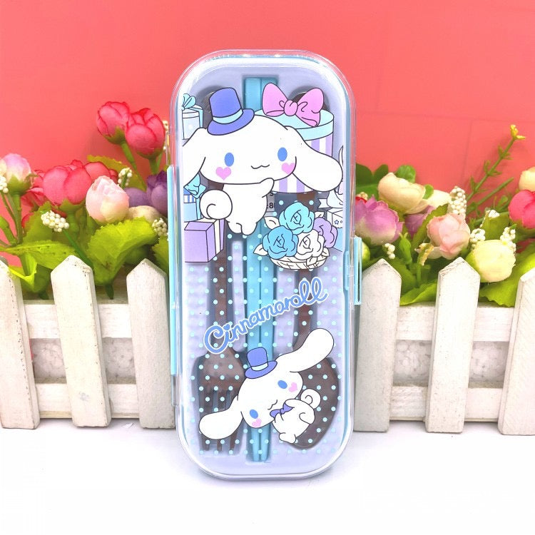 Cinnamoroll chopsticks and matching case set with cute blue polka dot design, featuring Sanrio character and pastel gift elements