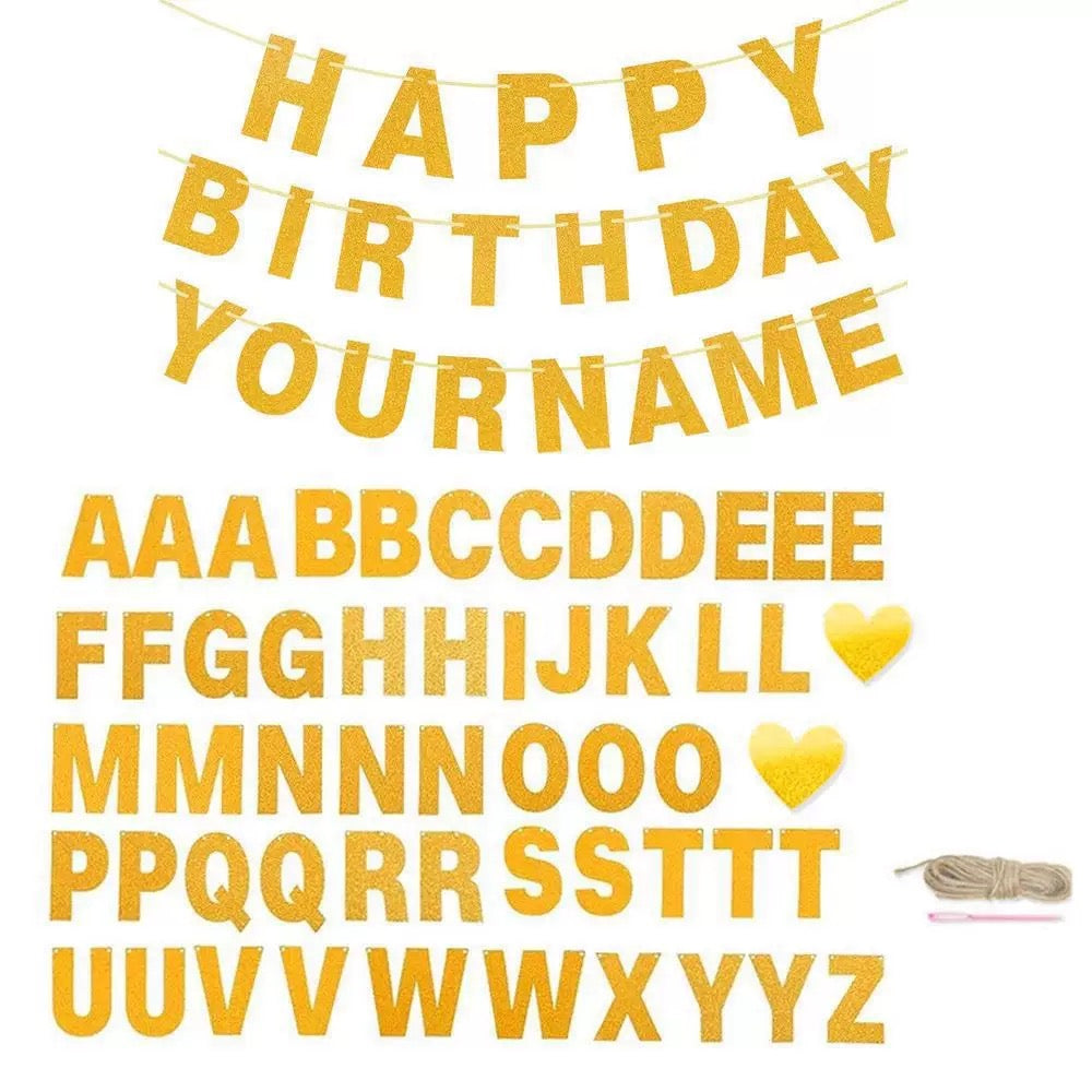 Custom Name Happy Birthday Banner Gold Glitter | DIY Alphabet Birthday Decoration Banner | Reusable Birthday Party Decoration for Boys Girls