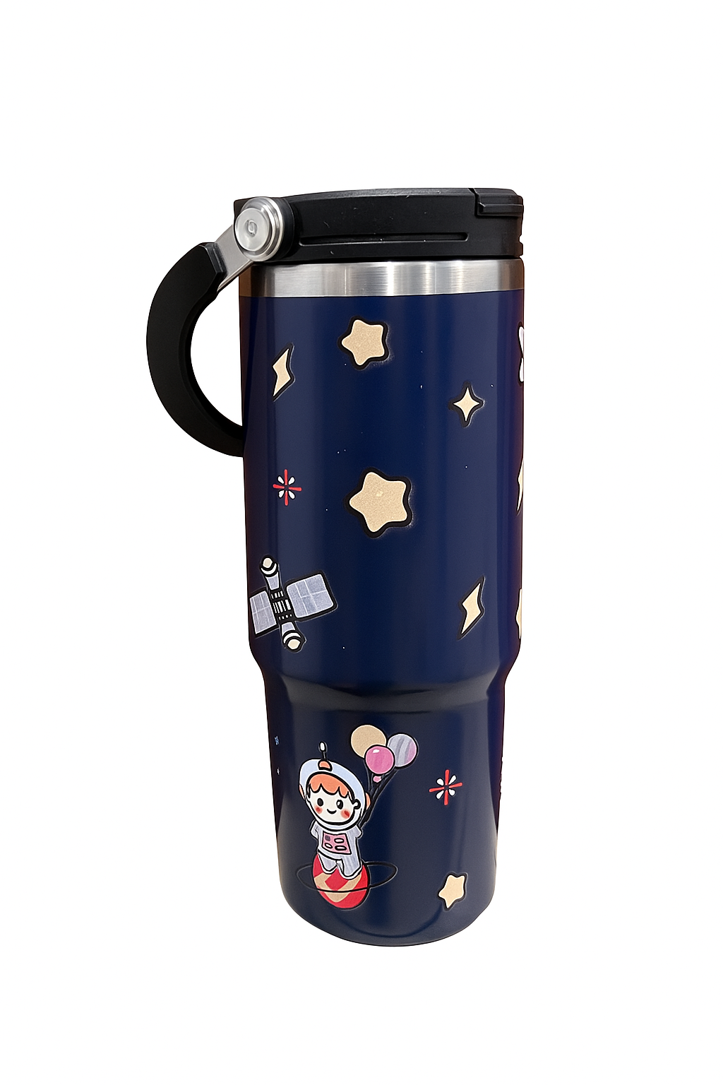Insulated kids water bottle with cartoon astronaut and planets – perfect for school and travel