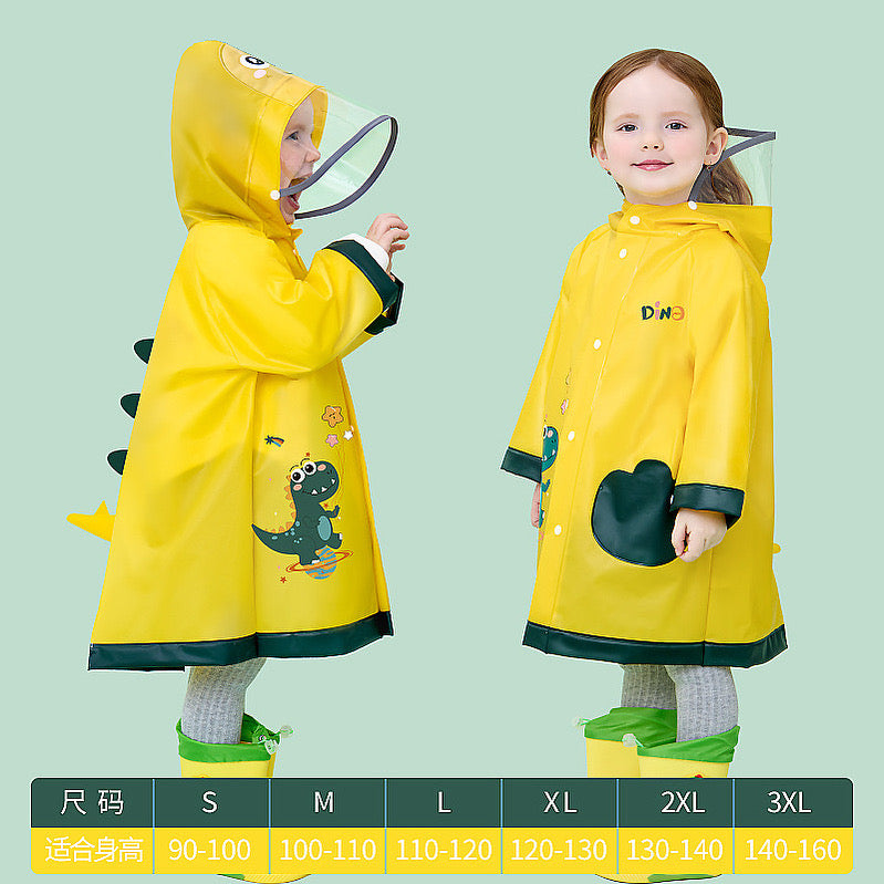 Cute yellow kids raincoat with dinosaur hood, green pocket, and button front, front nd back view