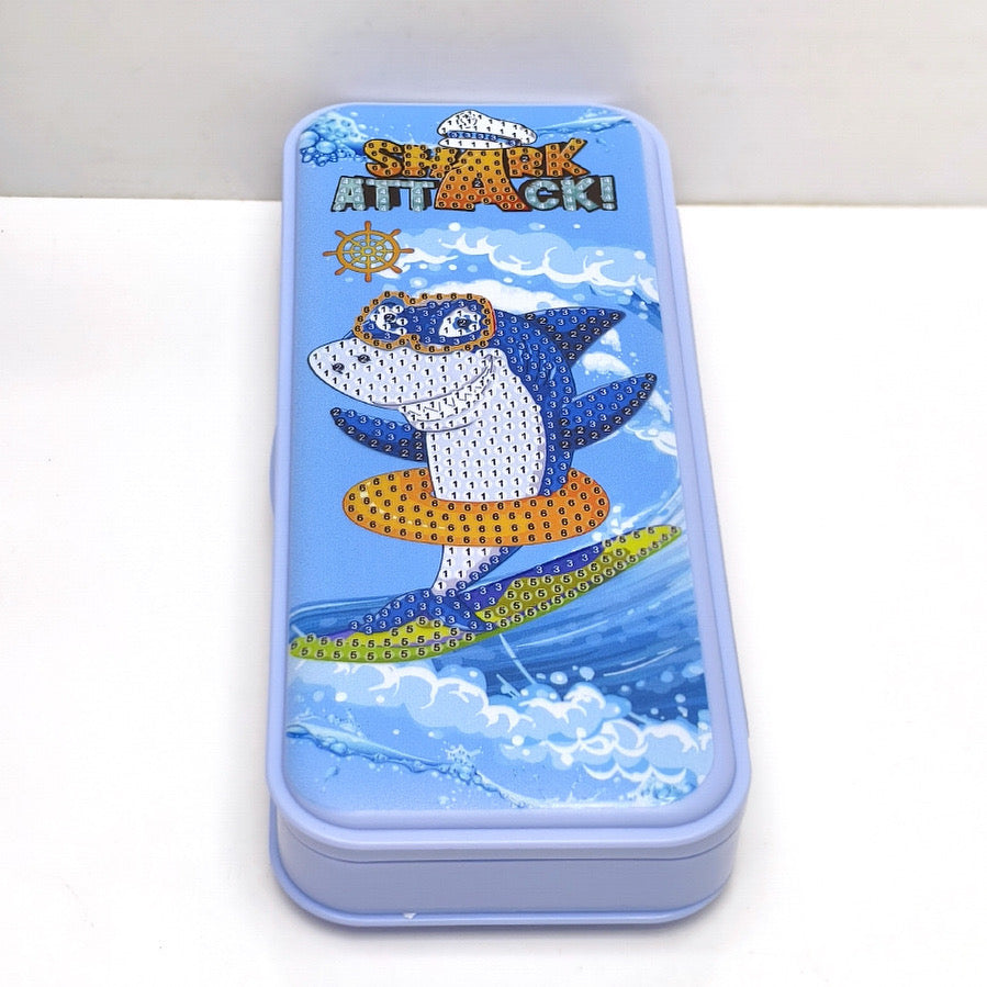 DIY Shark Attack Diamond Painting Pencil Box Kit in Blue – Fun Craft Stationery Gift for Kids