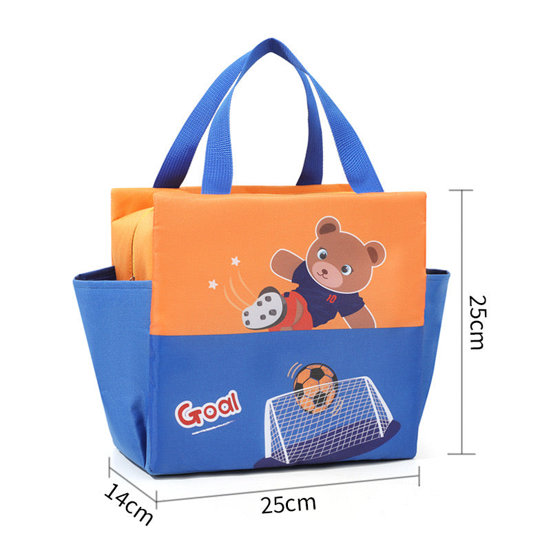 Football bear insulated lunch bag for kids in orange and blue