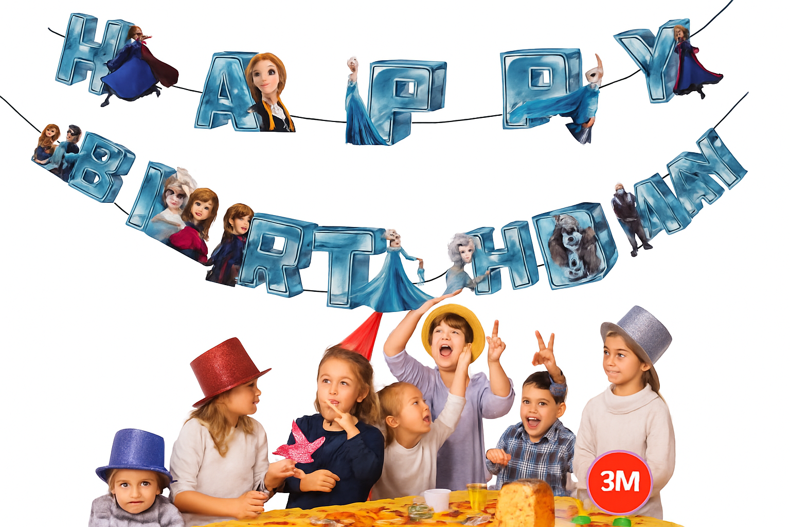 Frozen Theme Happy Birthday Banner for Kids Party Decoration – Elsa, Anna & Olaf – Blue Foil Letters – 3 Meter – KidsPitara.in