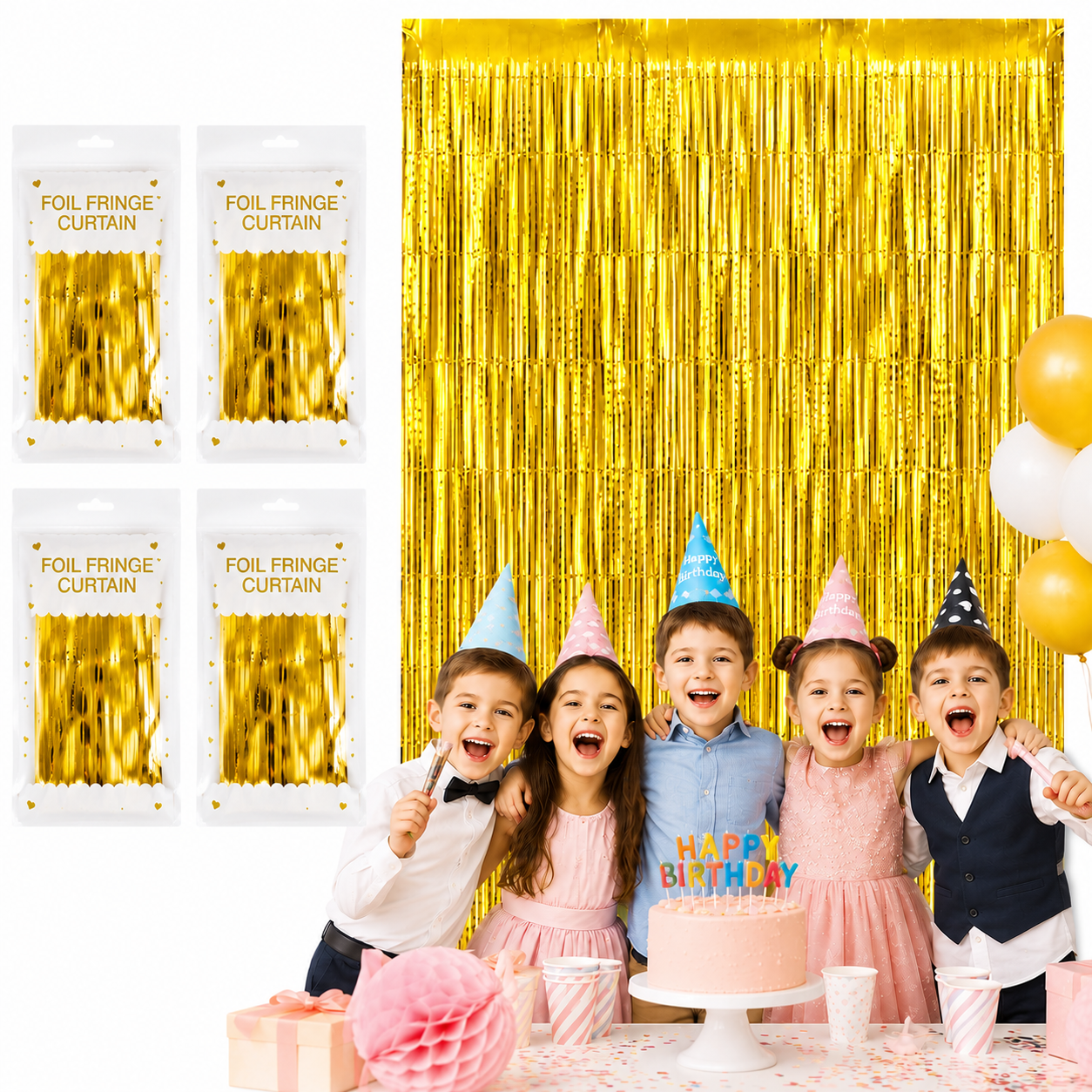 ✨ Gold Foil Fringe Curtain Backdrop – Set of 4 ✨