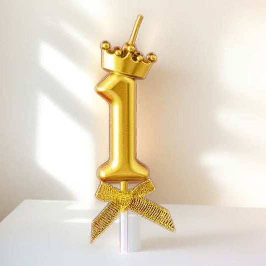 Golden Crown Number Birthday Candles (0-9) with Stick & Bow – Perfect for Kids’ Cakes