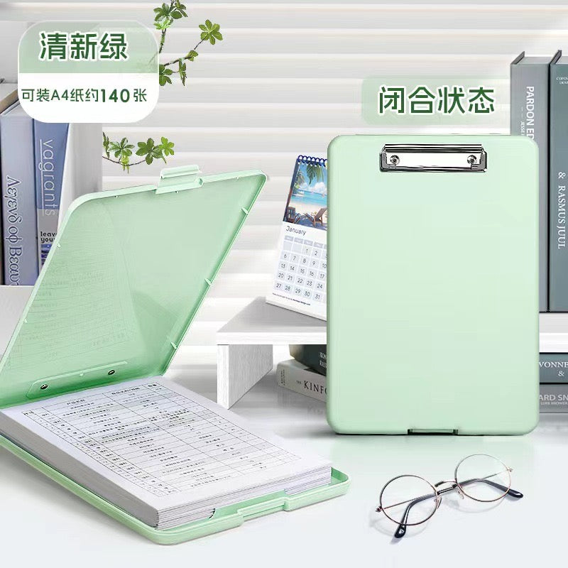 Green clipboard with built-in storage compartment
