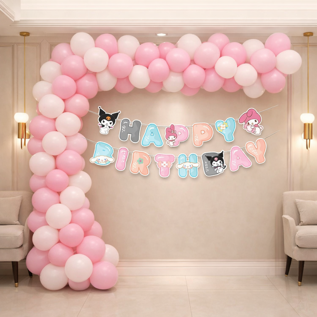 Kuromi & My Melody Happy Birthday Banner with Pink & White Balloons | Kids Birthday Decoration Set (100 Balloons)