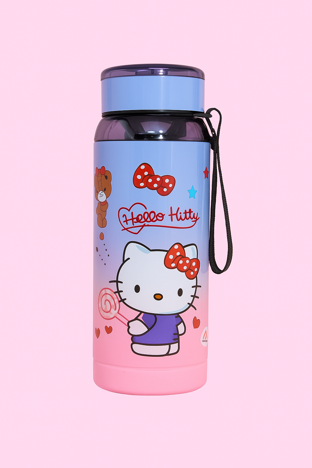 Front view of Hello Kitty insulated water bottle with pink and blue design