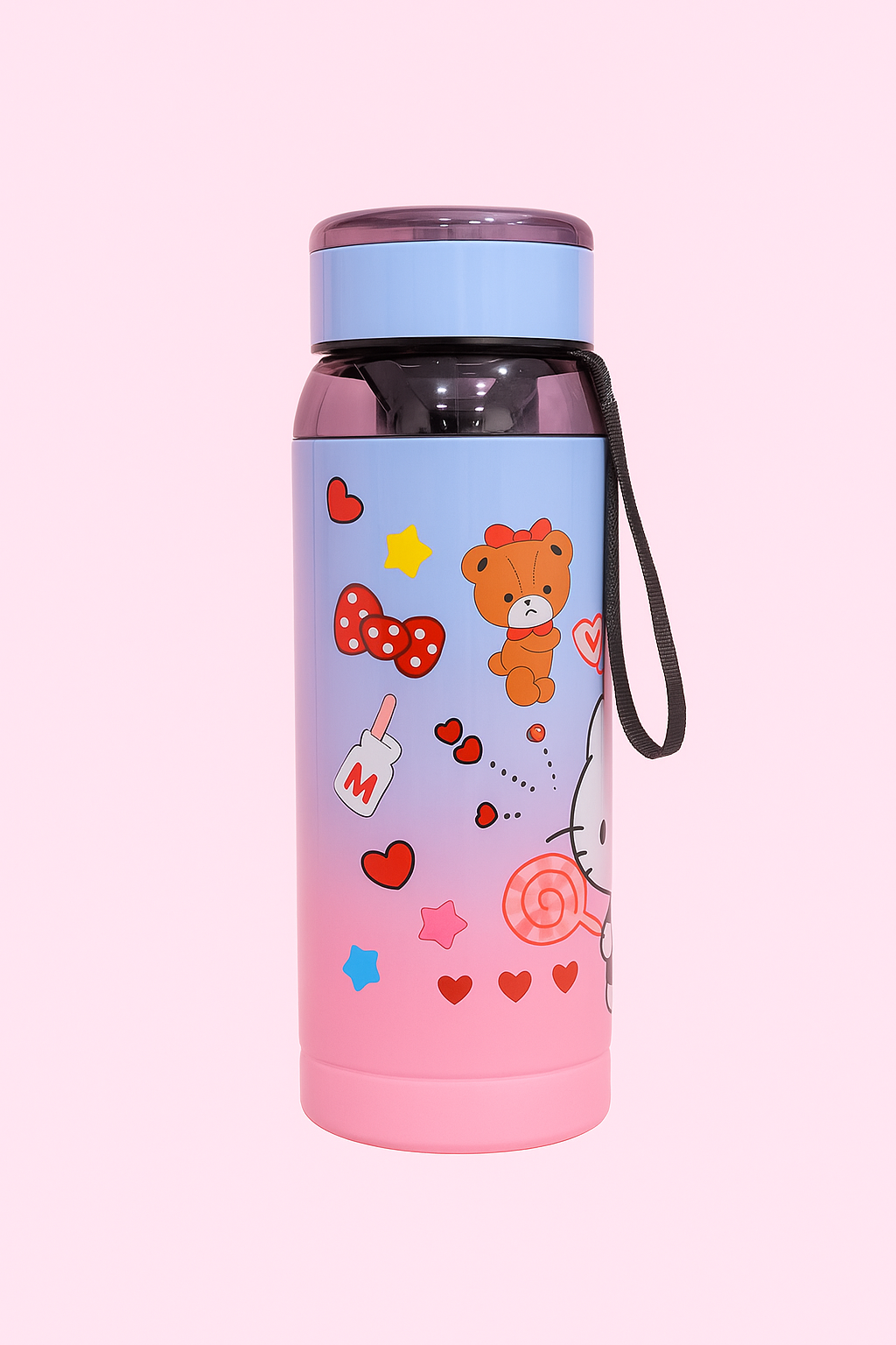 Side design of Hello Kitty hot and cold water bottle featuring bear and bow artwork
