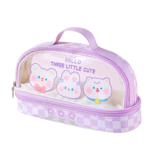 Large capacity transparent pencil pouch with handle, pastel purple kawaii cartoon print, ideal for school stationery organization
