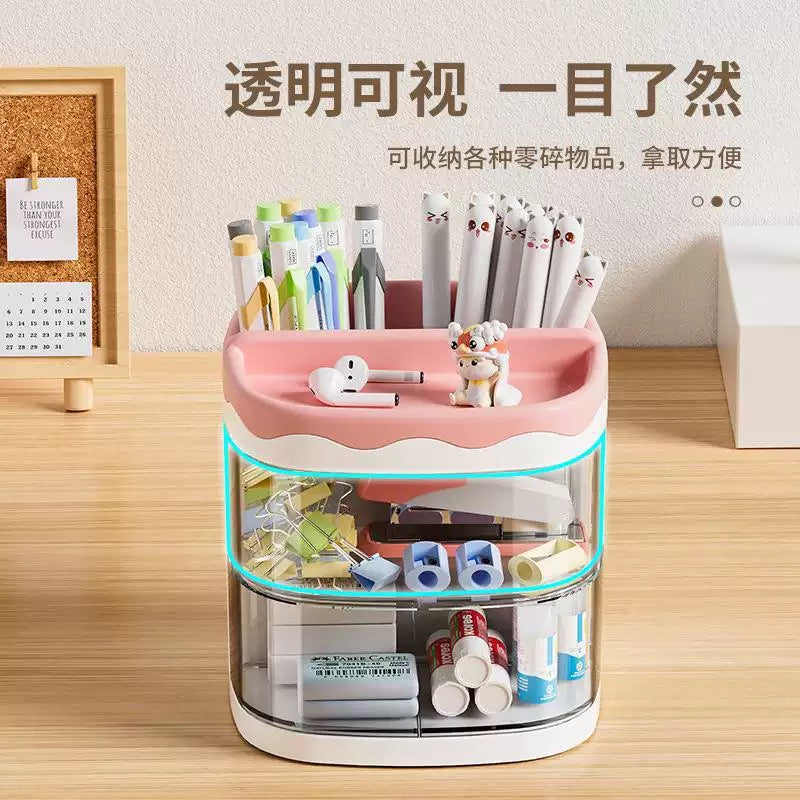 Pink Kawaii Desk Organizer with Rotating Drawers, Pencil Holder, Stationery Storage Box and Cute Desktop Organizer for Kids