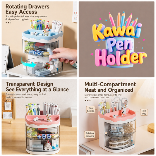 Kawaii rotating desk organizer with transparent drawers and multi-compartment stationery storage pen stand for study table and office desk.