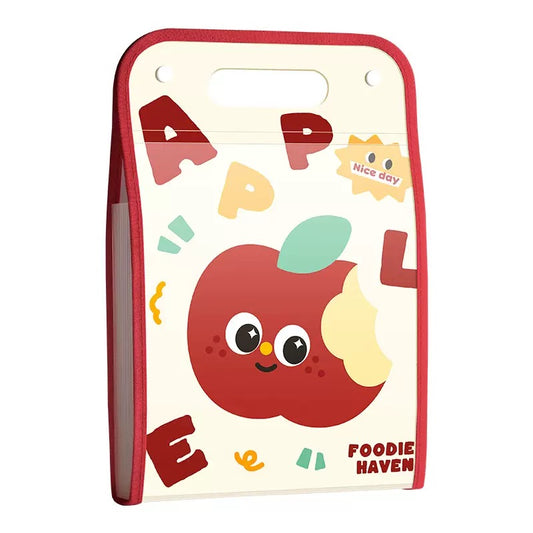 Children's book with a cartoon apple and colorful letters on a white background