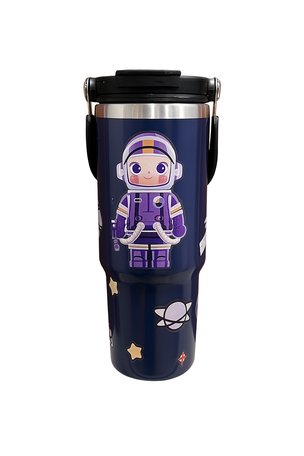 Kids astronaut themed water tumbler in blue with stainless steel body and leak-proof lid – 900ml