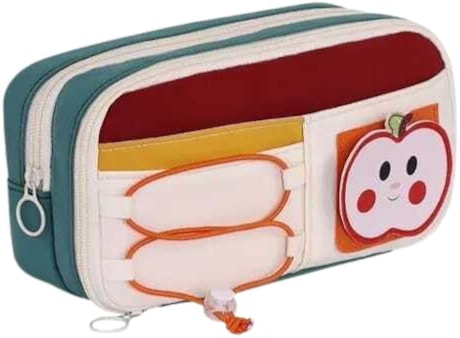 Kids pencil pouch open showing all 7 numbered compartments including mesh pocket pen slots and transparent zipper section