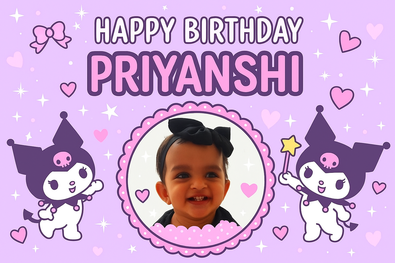 Kuromi-themed birthday banner in purple with child’s photo and name Priyanshi, decorated with hearts and cartoon graphics