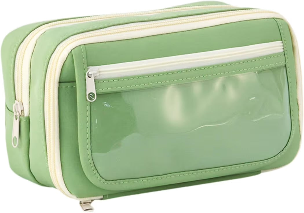 Large capacity green pencil pouch for kids open view showing multiple compartments with pens ruler and stationery inside
