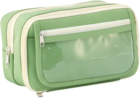 Large capacity green pencil pouch for kids open view showing multiple compartments with pens ruler and stationery inside