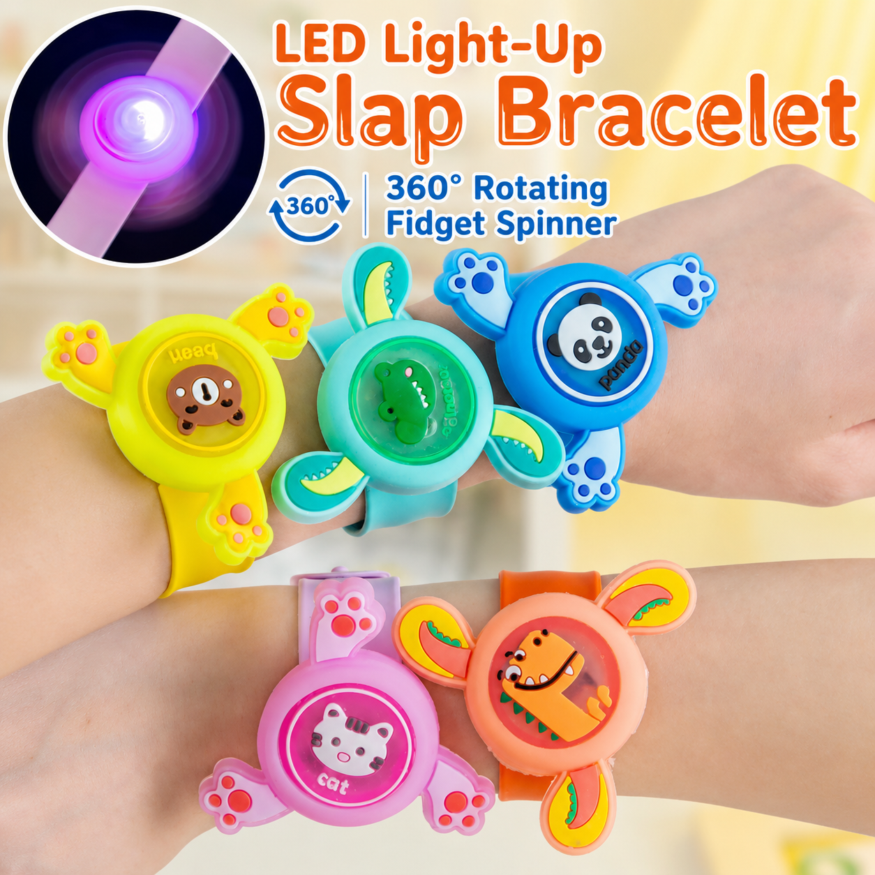 Kids LED Slap Bracelet Watch Toy | 360° Rotating Fidget Spinner Wristband | Cute Animal Design