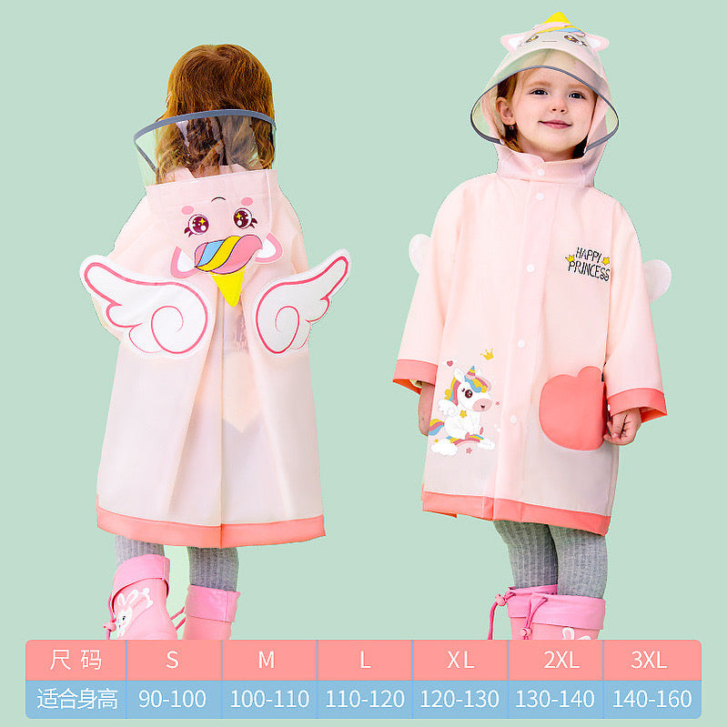 Cute pink kids raincoat with unicorn hood, front pocket, and cartoon print, front view