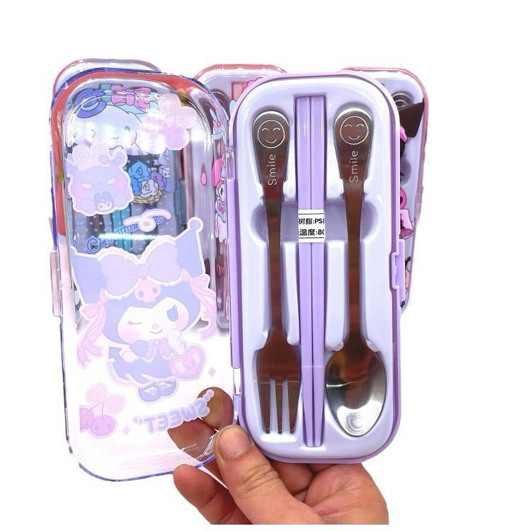Sanrio Cinnamoroll chopsticks with matching blue polka dot case, featuring kawaii pastel design and character artwork