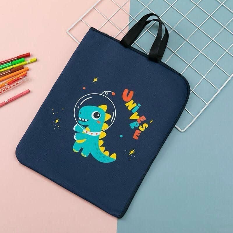 Navy blue kids file bag with cartoon dinosaur in space helmet – Kispitara stationery folder