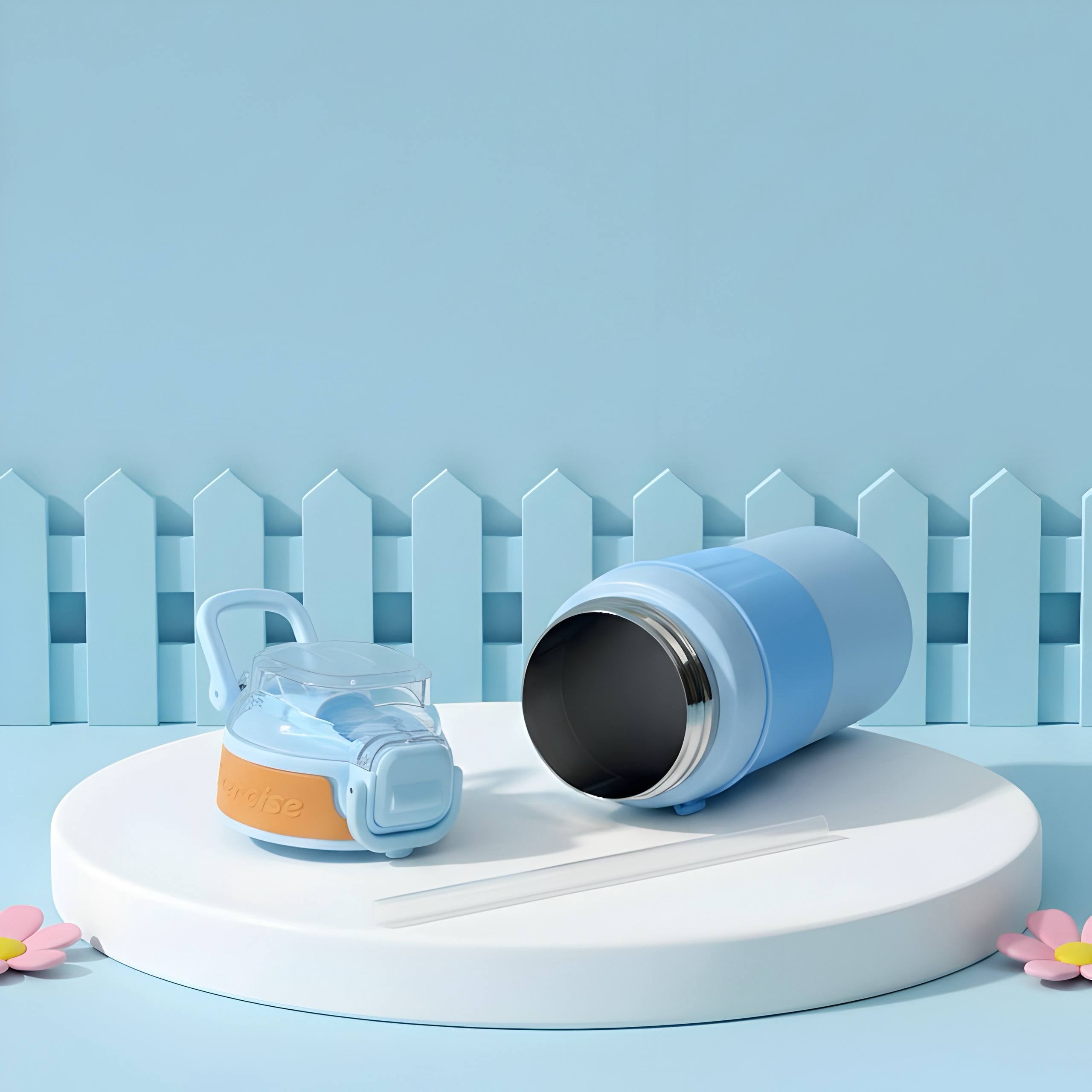 Cute Stitch cartoon kids water bottle in blue, insulated leakproof school bottle with straw lid