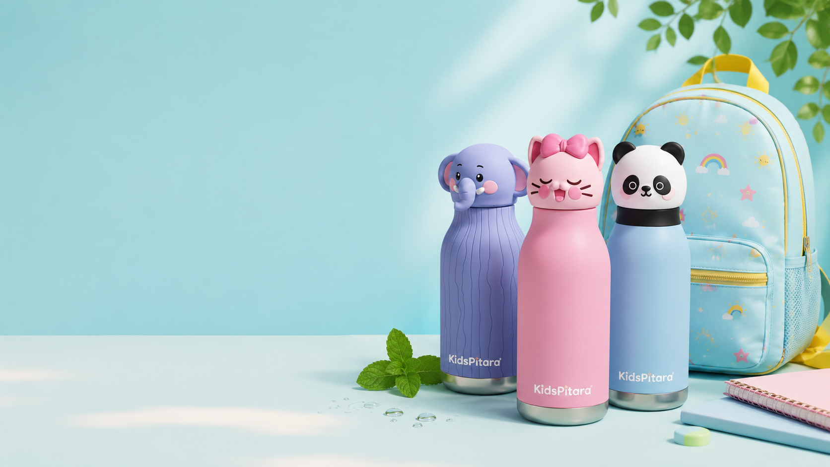 KidsPitara Kids Stainless Steel Water Bottle Blog Banner with School Bag and Pastel Background