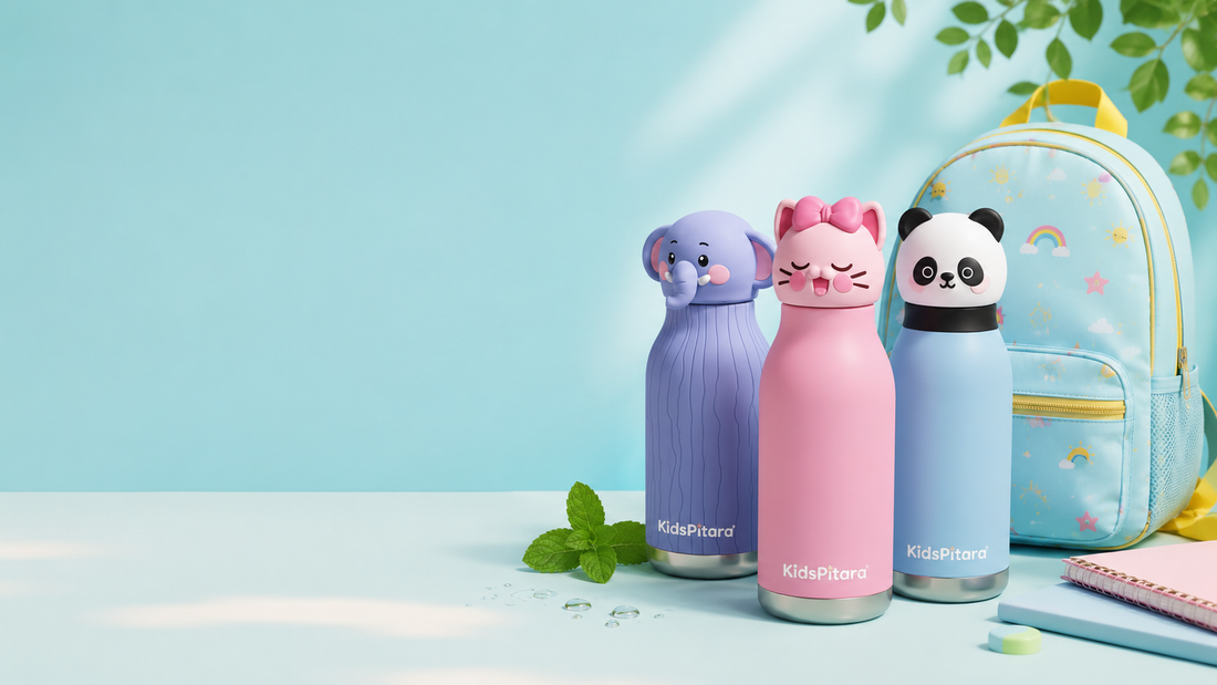 KidsPitara Kids Stainless Steel Water Bottle Blog Banner with School Bag and Pastel Background