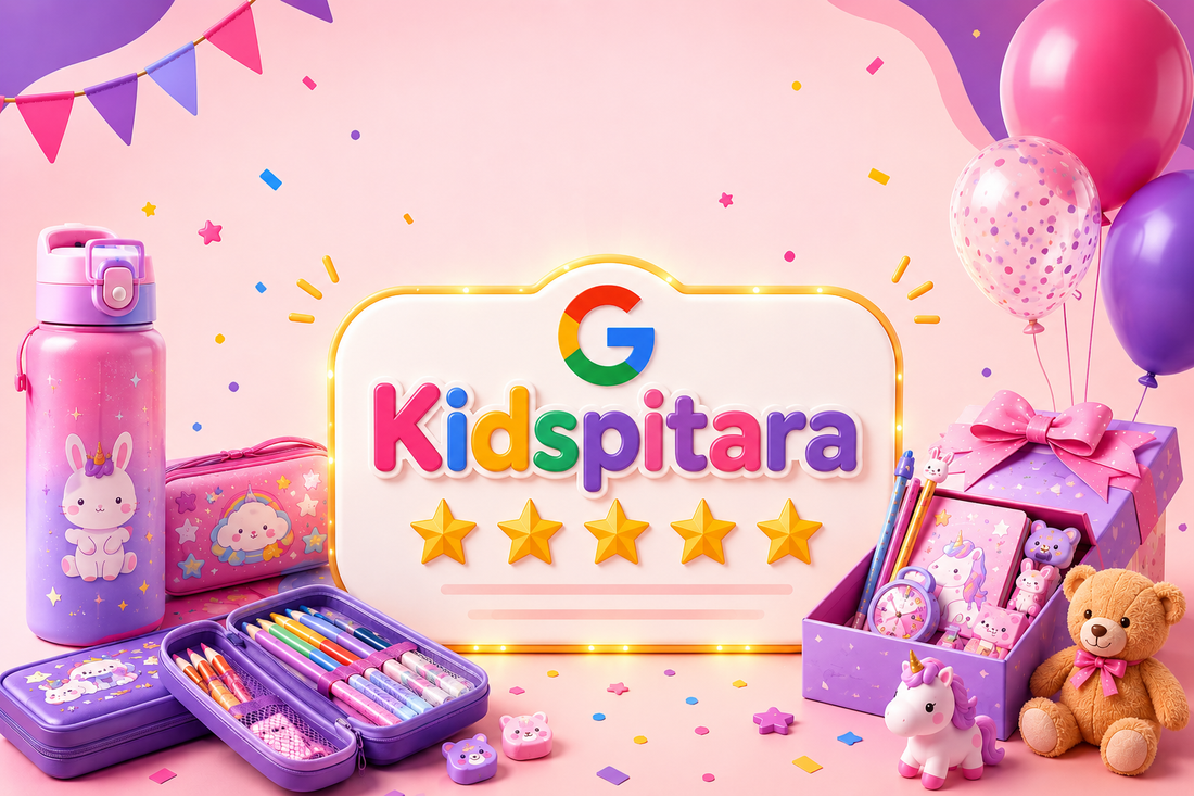 5-star Google review card surrounded by kids party and stationery products including pencil boxes, a tumbler, birthday balloons, and a wrapped return gift — KidsPitara Ludhiana blog banner
