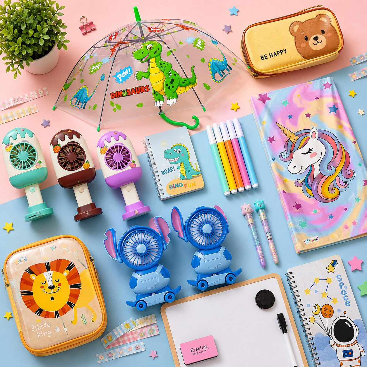 Best kids stationery shop online India - KidsPitara pencil boxes, markers and school supplies flat lay