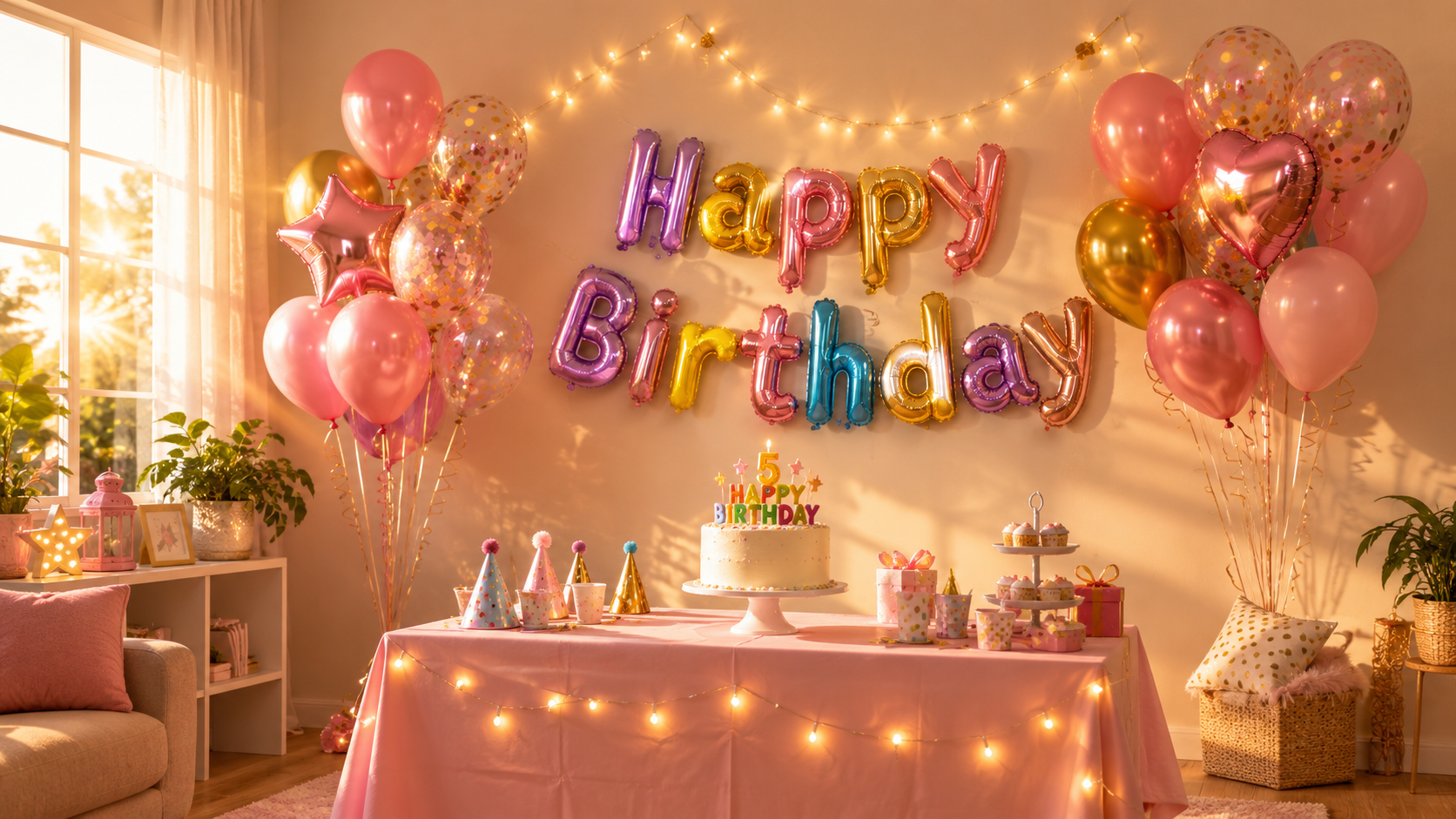 Joyful kids' birthday party corner at home featuring a Happy Birthday foil banner, pink, gold and rose gold balloon backdrop, fairy lights, and a decorated birthday cake with number and pastel candles on a party table