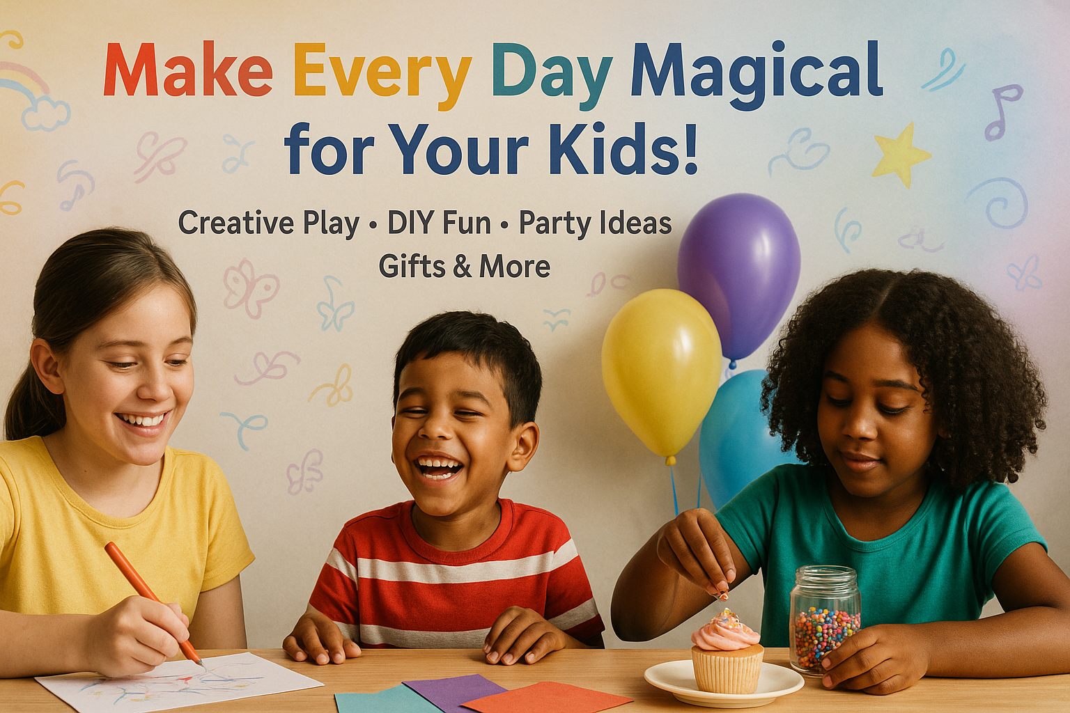 Happy kids doing creative activities with balloons, cupcakes, and art supplies – KidsPitara party and gift store in Ludhiana