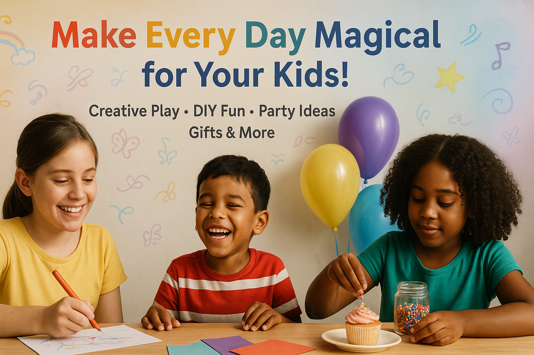 Happy kids doing creative activities with balloons, cupcakes, and art supplies – KidsPitara party and gift store in Ludhiana
