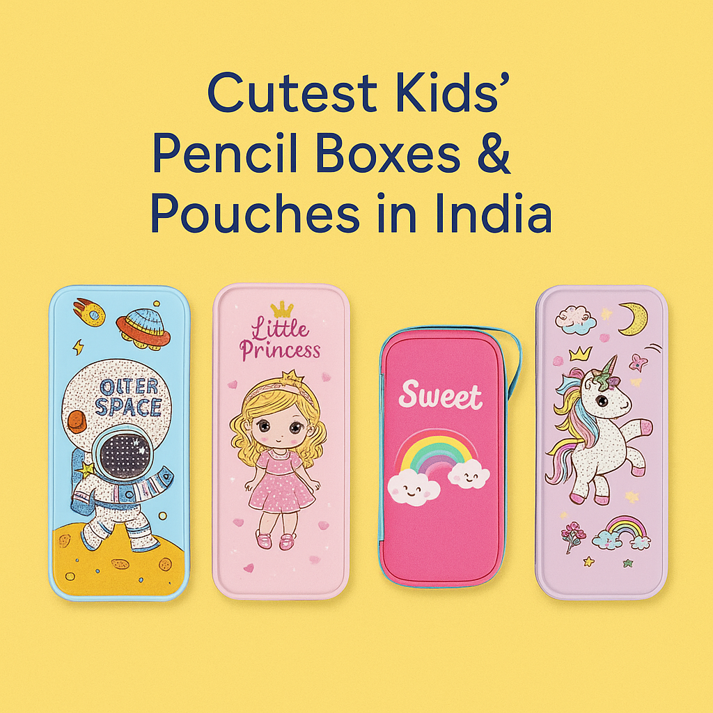 Colorful kids pencil boxes and pouches available online at Kids Pitara in India – perfect for school-going children