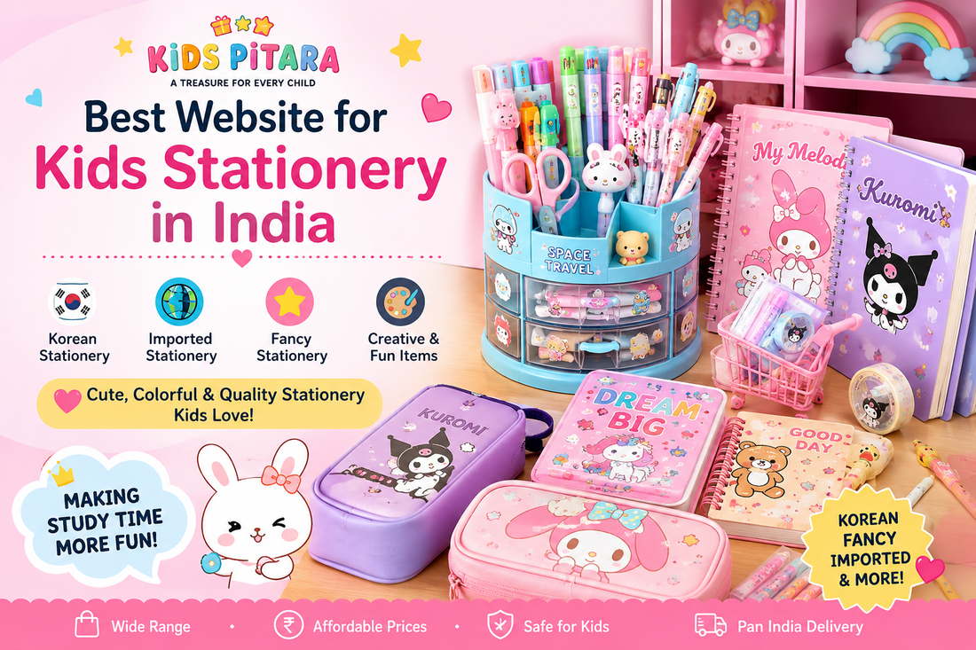 Best website for kids stationery in India featuring Korean stationery, imported stationery, fancy stationery, cute school supplies and creative stationery products from KidsPitara