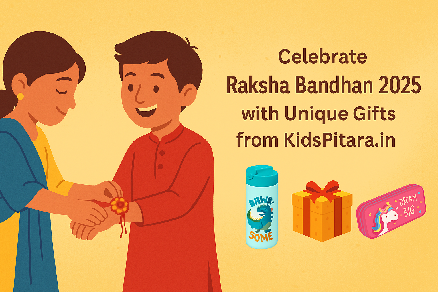 Raksha Bandhan 2025 gift ideas for kids including tumblers, pencil boxes and return gifts