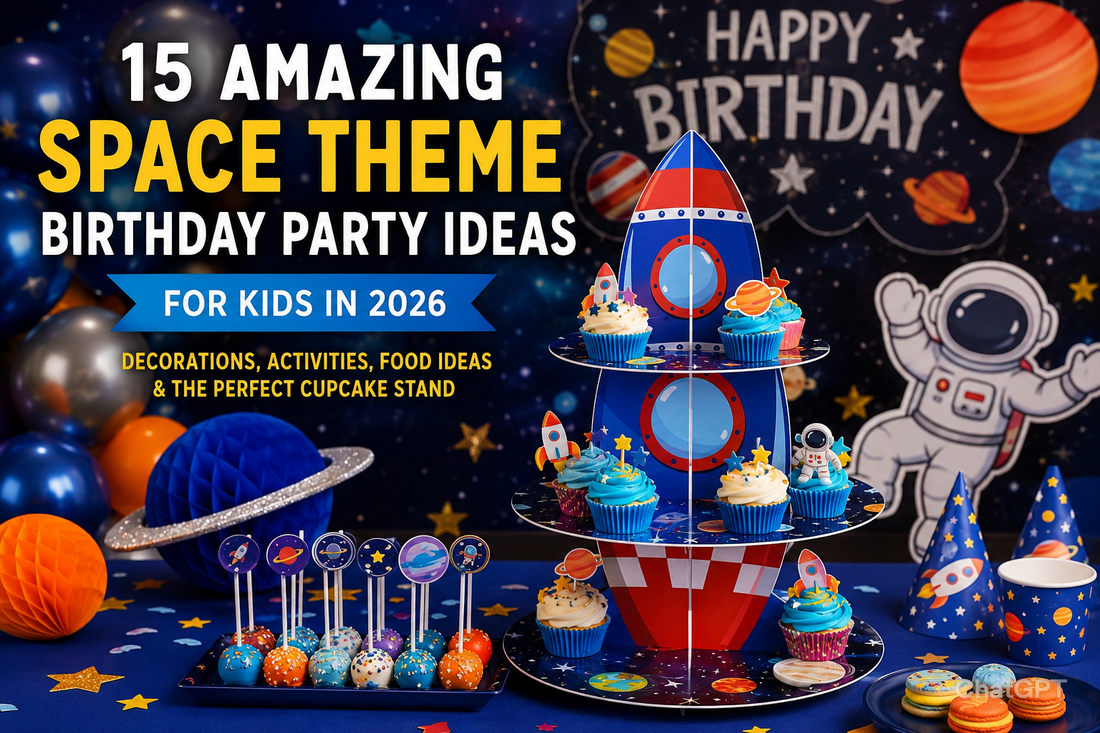 15 Amazing Space Theme Birthday Party Ideas for Kids featuring Astronaut Decorations, Rocket Cupcake Stand, Galaxy Party Supplies and Space Birthday Decorations
